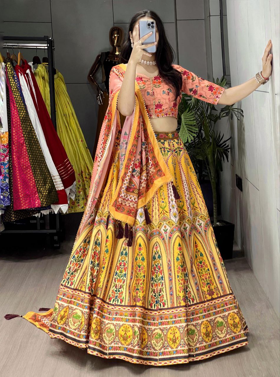 Designer Art Silk Printed Lehenga Set | Gota Patti Work | Ready-to-Wear 3-Piece Party Outfit