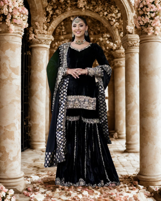 Velvet Embroidered Sharara Set with Dupatta | Heavy Sequence Work | Fully Stitched