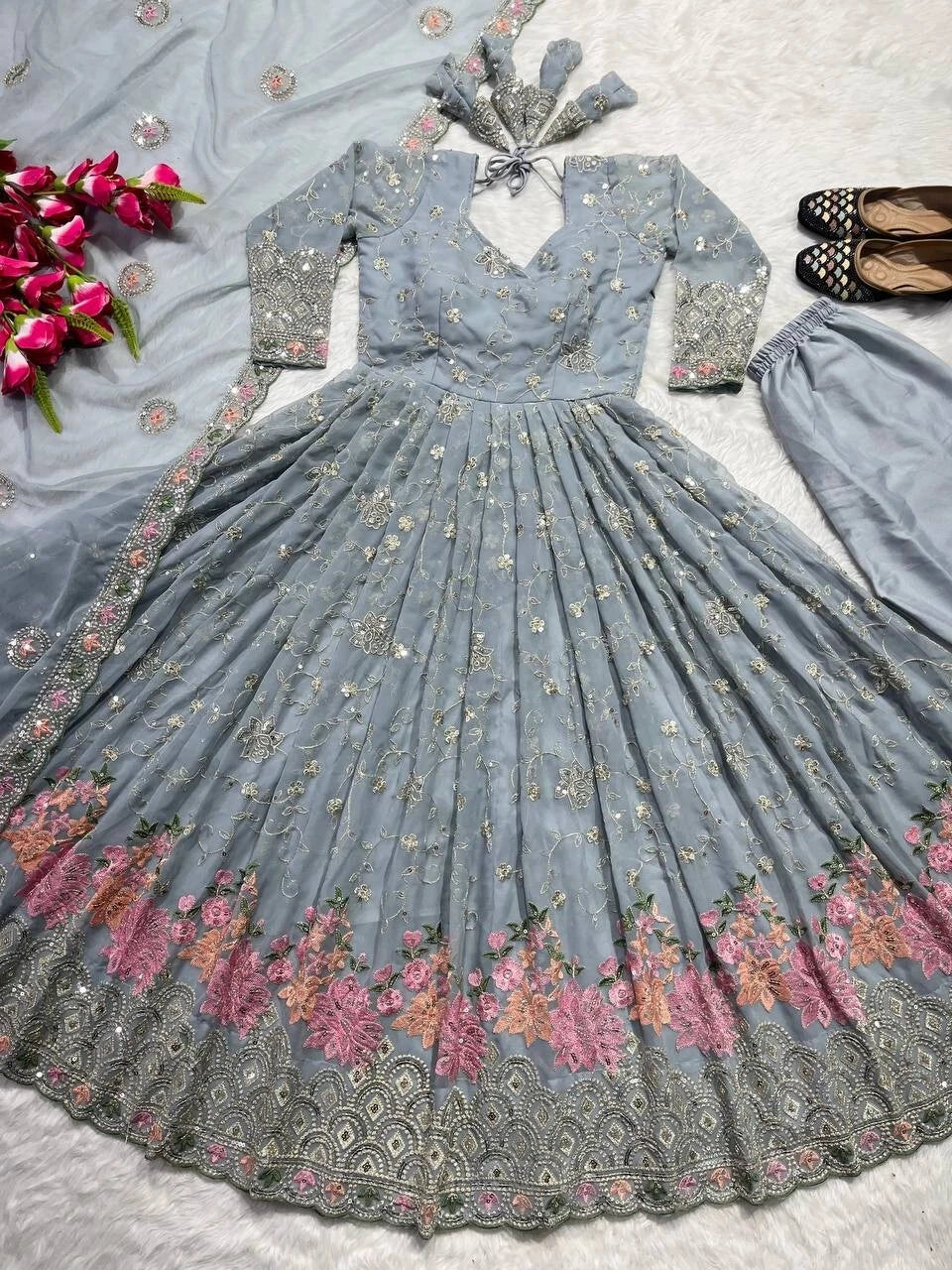 Exquisite Artisanal Grey Georgette Anarkali Suit: Hand-Embroidered Florals & Sequin Opulence