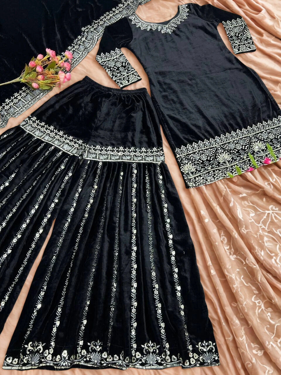 Velvet Embroidered Sharara Set with Dupatta | Heavy Sequence Work | Fully Stitched