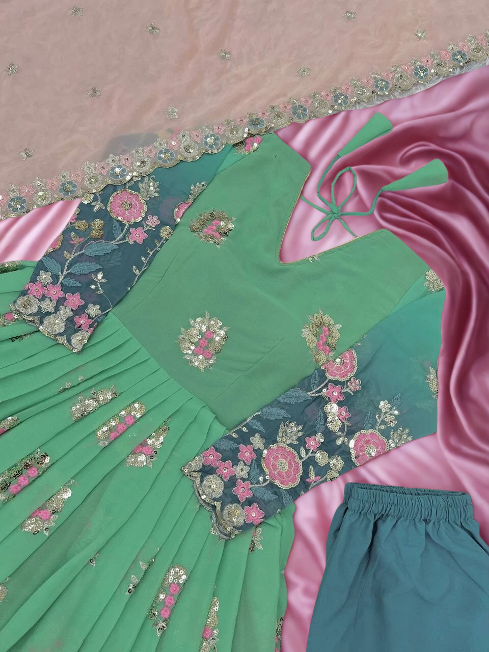 Emerald Elegance: Ombre Embroidered Georgette Anarkali Gown