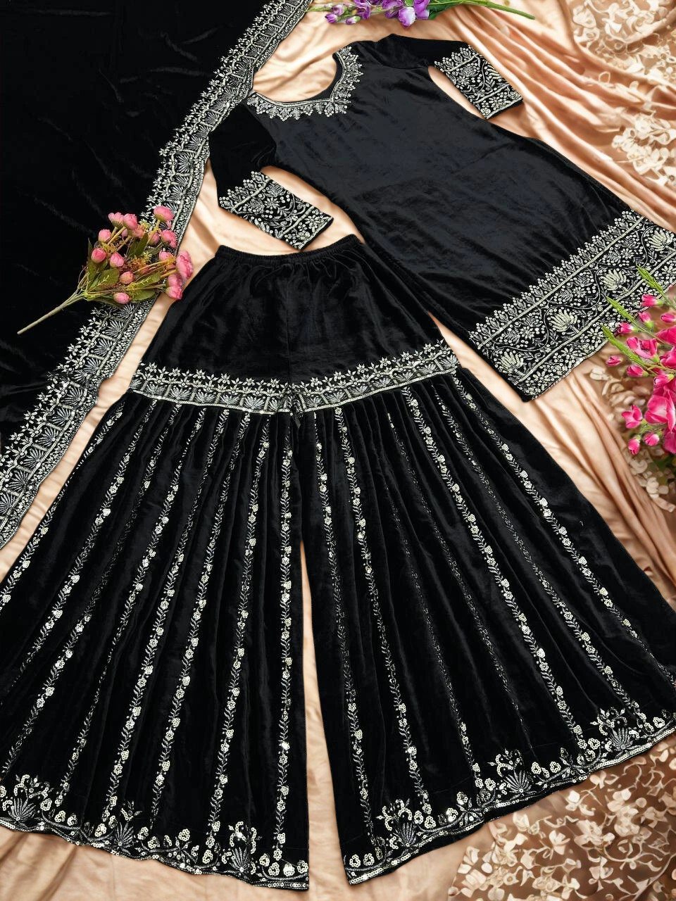 Velvet Embroidered Sharara Set with Dupatta | Heavy Sequence Work | Fully Stitched
