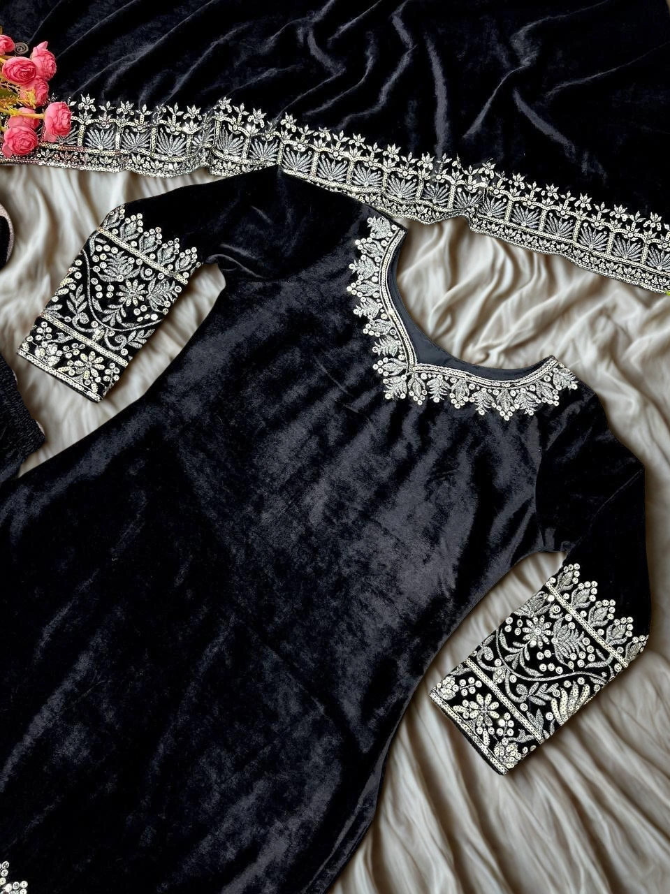 Velvet Embroidered Sharara Set with Dupatta | Heavy Sequence Work | Fully Stitched