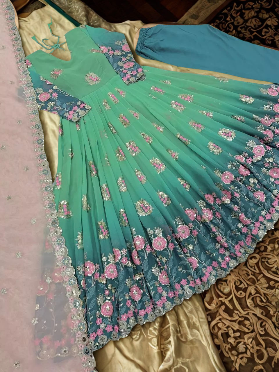 Emerald Elegance: Ombre Embroidered Georgette Anarkali Gown