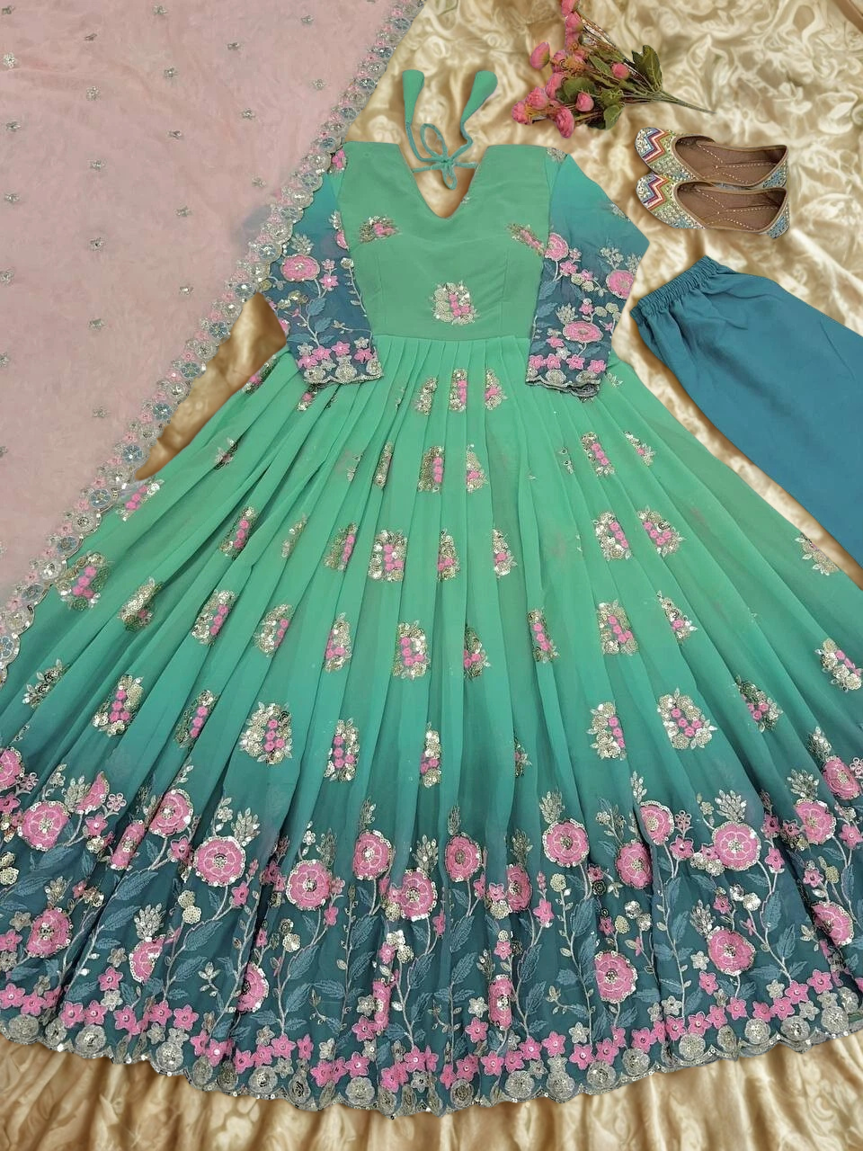 Emerald Elegance: Ombre Embroidered Georgette Anarkali Gown