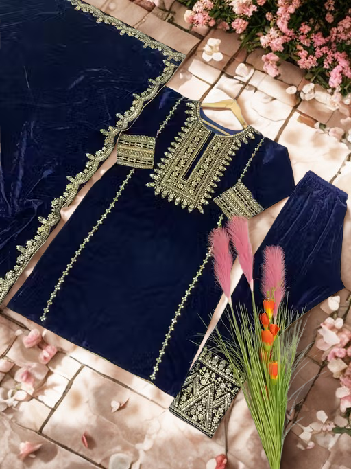 Luxury Velvet Embroidered Suit Set with Dupatta – Navy Blue | Fully Stitched